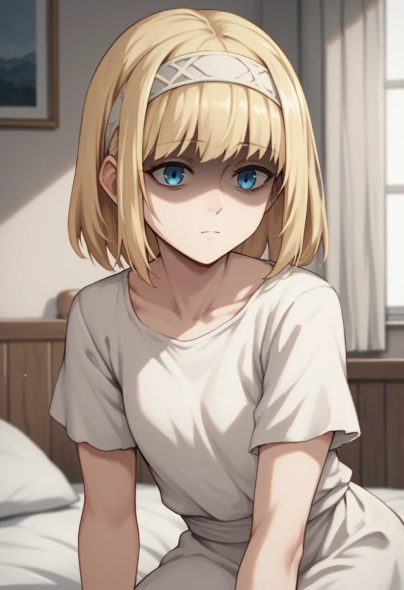 score_9, score_8_up, score_7_up, ymir fritz,1girl, solo, hairband, blonde hair, bangs, blue eyes, medium hair,shaded face,white dress, short sleeves, room, bed, 