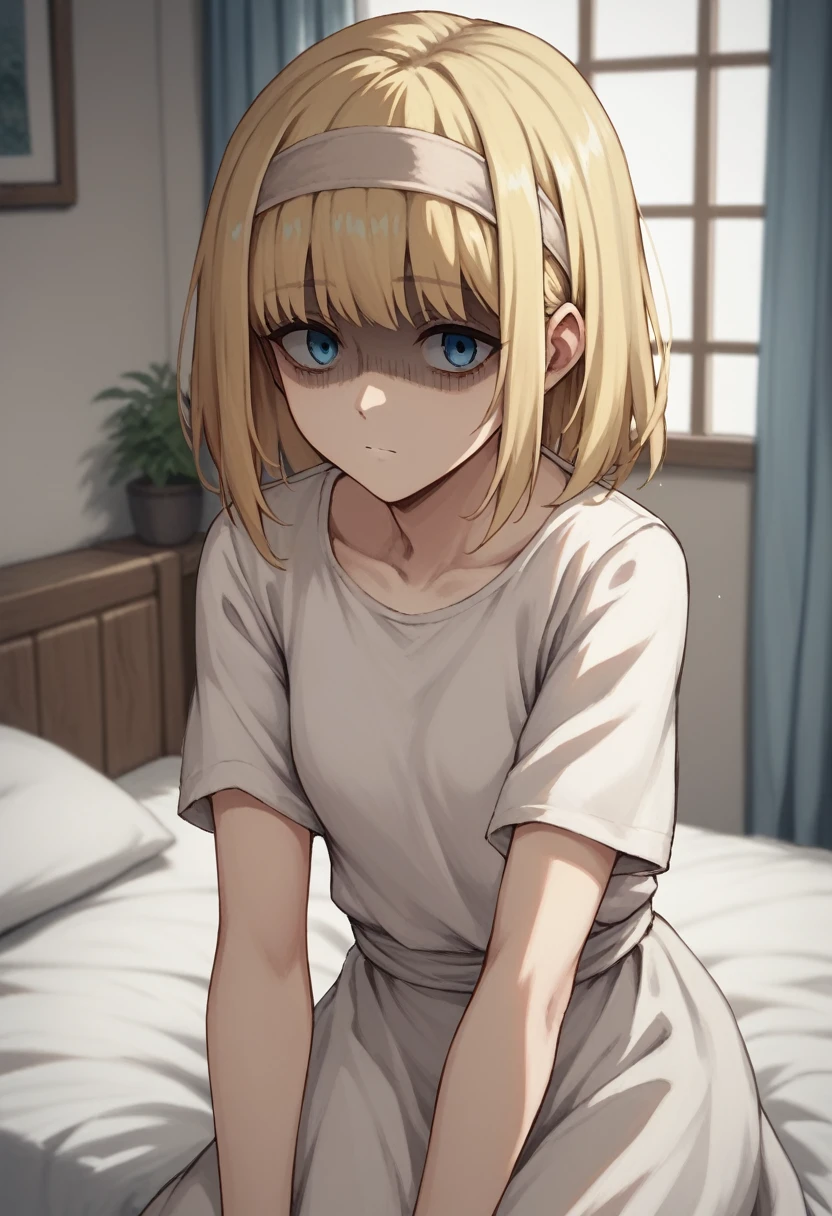 score_9, score_8_up, score_7_up, ymir fritz,1girl, solo, hairband, blonde hair, bangs, blue eyes, medium hair,shaded face,white dress, short sleeves, room, bed, 