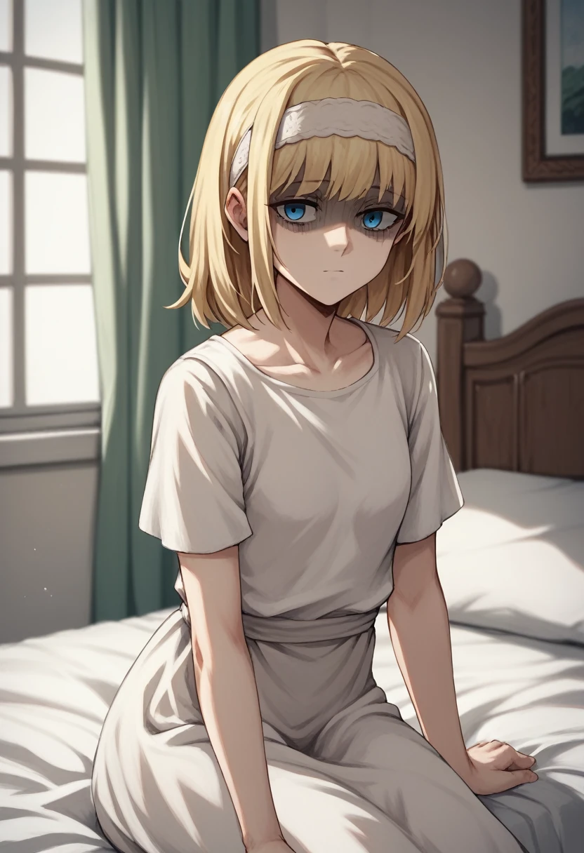 score_9, score_8_up, score_7_up, ymir fritz,1girl, solo, hairband, blonde hair, bangs, blue eyes, medium hair,shaded face,white dress, short sleeves, room, bed, 