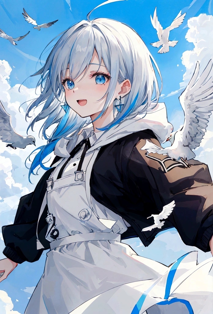 Overall overview Style: Anime style illustration Atmosphere: Bright and refreshing. Expressing freedom and happiness color and background Blue: Background with a bright blue sky White: fluffy white clouds in the background character Hair color: Light gray, almost white, short and fluffy texture Facial expression: Laughing with wide open mouth, squinting eyes in amusement Clothing: Black jacket, white inside, hooded Earrings: black earrings background bird Birds: Several white birds are flying, symbolizing freedom and openness. detail Shadows: Detailed shadows are drawn on the face and neck to create a three-dimensional effect. Line usage: clean, sharp lines others Accessories: Details such as jacket zippers and hood strings are carefully depicted. Expression technique: Digital art technique, precise color gradation and shadows