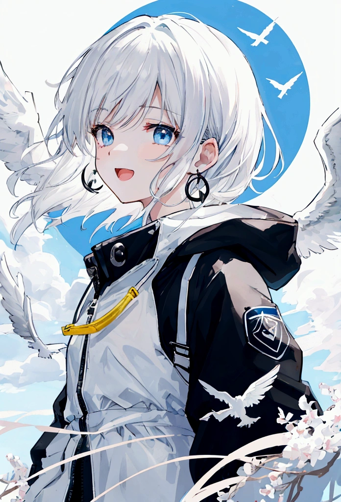 Overall overview Style: Anime style illustration Atmosphere: Bright and refreshing. Expressing freedom and happiness color and background Blue: Background with a bright blue sky White: fluffy white clouds in the background character Hair color: Light gray, almost white, short and fluffy texture Facial expression: Laughing with wide open mouth, squinting eyes in amusement Clothing: Black jacket, white inside, hooded Earrings: black earrings background bird Birds: Several white birds are flying, symbolizing freedom and openness. detail Shadows: Detailed shadows are drawn on the face and neck to create a three-dimensional effect. Line usage: clean, sharp lines others Accessories: Details such as jacket zippers and hood strings are carefully depicted. Expression technique: Digital art technique, precise color gradation and shadows