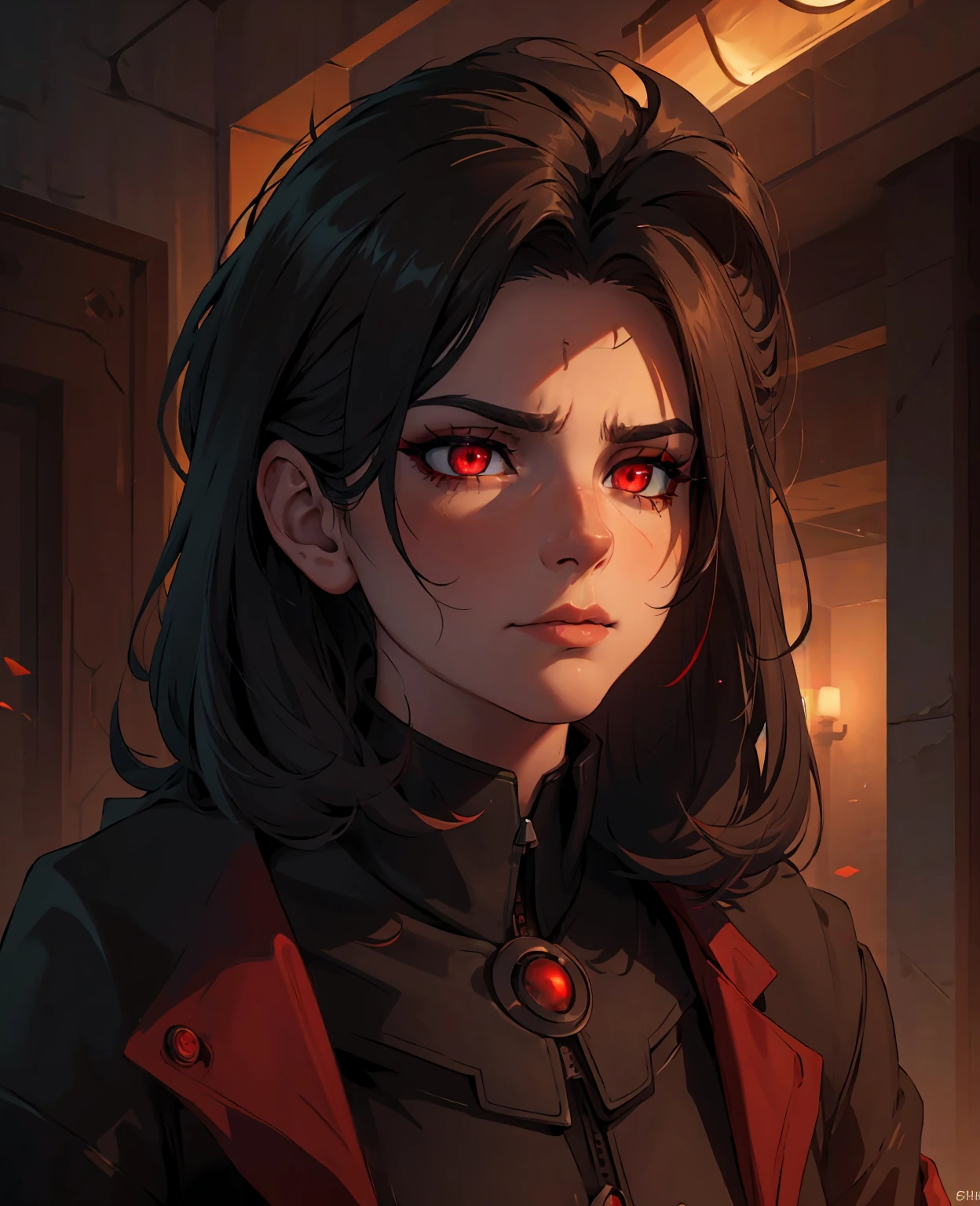 a fierce CEO with intense red glowing eyes, highly detailed face and expression, dramatic lighting, 8k, photorealistic, dramatic lighting, cinematic, powerful presence, intimidating, sharp focus, realistic skin texture, sharp facial features, deep shadows, moody atmosphere