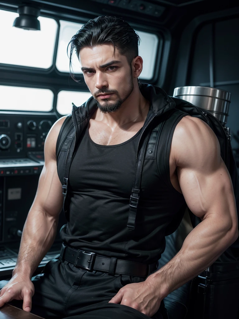 . Sex. 8K. アニメ, adult with large crotch raised upwards. new Supreme Marshal serious muscular slim strong wielding a long sniper with red technological details. short black hair on top slicked back short high fade shaved on the side. Wearing black armor with red technological details, well polished and polished with equipment vests on the waist. Beautiful black earring. beautiful boss, male with elegant goatee style beard. He has a big backpack on his shoulder. fund: He is leaning on a table. Interior of a Spaceship. A black polished room with various broken parts and equipment.