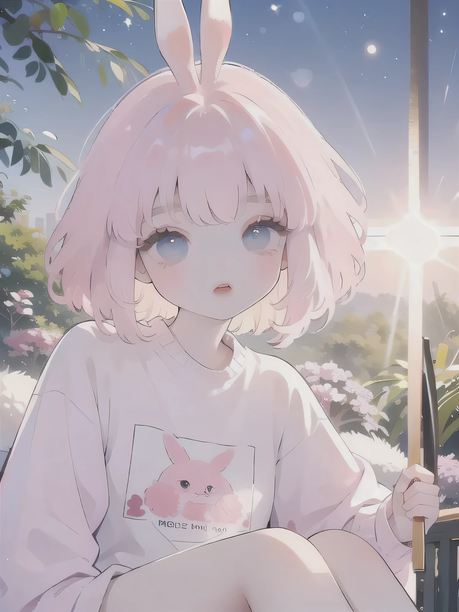 (high quality) (best quality) (a woman) (correct physiognomy) (perfect students) (perfect eyes) anime woman, deep pink long and fluffy hair pink, two rabbit ears coming out of her head, blue eyes, lips sensitive, feminine appearance, soft facial features, thin eyebrows, soft skin, rosy cheeks, pink lips, silky eyelashes, dreamy expression, middle age, youthful clothing, print sweatshirt, photo illuminated by sunlight, Woman sitting on forest.