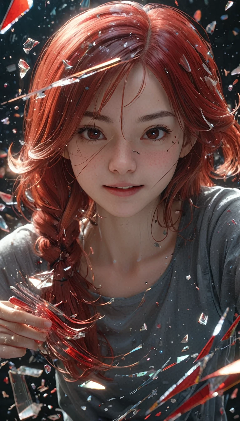 （best quality，Ultra-fine，Fidelity：1.37），beautiful girl，（intense gaze），（smile），Red viscous liquid oozes from scratches on face，close up。Bullets flew through the air，broke the glass。Instant capture，penetrating glass shards，Detailed bullet trajectories，slam，Shards of glass were scattered all over the place，There are debris in the air，slow motion freeze，high speed capture，dynamic chaos，Precise timing，flying debris，suspended in the air，dance clip，stained glass shards，refracted light，moving rapidly，translucent fragments，windows in fragments，