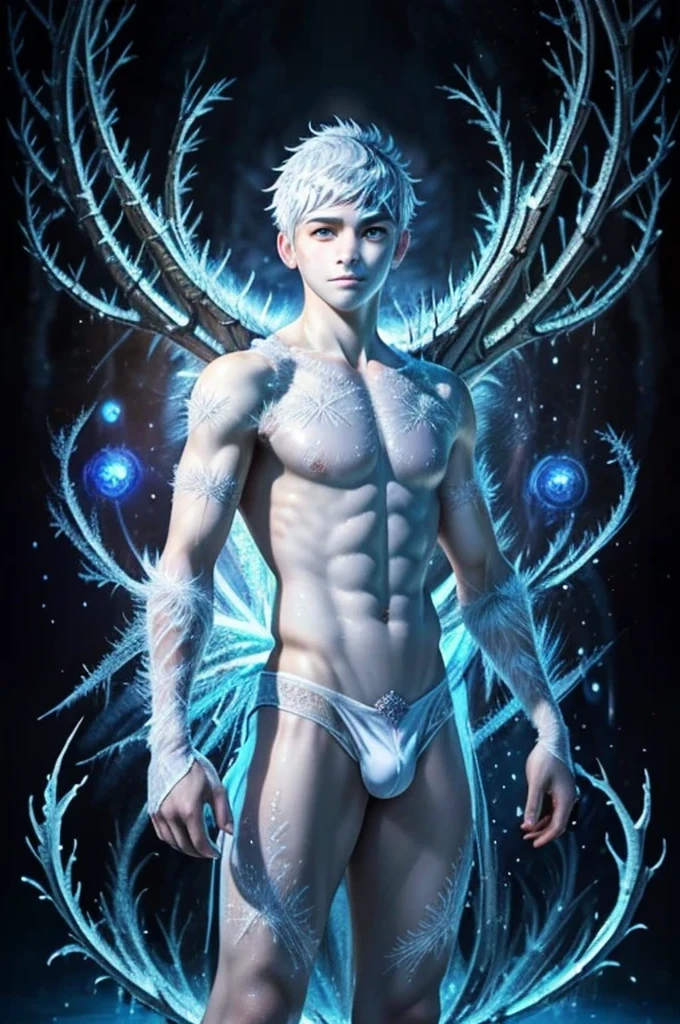 (Masterpiece, best quality), Jack Frost, Young man, 18 years old, milk-white color skin, blue eyes, white hair, shirtless, six-pack abs, (full body shot), young boy, 18 years old, beautiful, perfect, milk-white color skin, slim body, very detailed blue eyes, very pale skin, barefoot in a snowy forest, winter. (obra de arte:1.4, melhor qualidade), (detalhe intrincado), papel de parede da unidade 8k, ultra detalhado, (Arte abstrata:1.2), (Estilo Anato Finnstark:1.3), boy from another dimension, uma sinfonia de cores iridescentes se fundindo e mudando perfeitamente, dynamic pose with rotating patterns of energy around you, a mix of determination and serenity in his expression, a general feeling of transcendence and exploration, consumed by inner darkness, empty waiting for you, (Beautiful cosmic eyes), perfeito lighting, perfeito shading, (children's face)