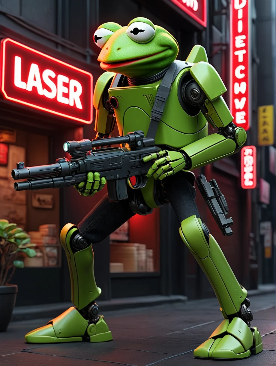 kermit the frog muppet, ultrawide shot, (dark ramen shop:1.9), neon cyberpunk city, (mecha arms:1.8), (holding a laser rifle:1.9), (mecha legs:1.9), (red detective:1.7), (black jeans:1.5), neon city, ultra realistic, 4K, award winning,
