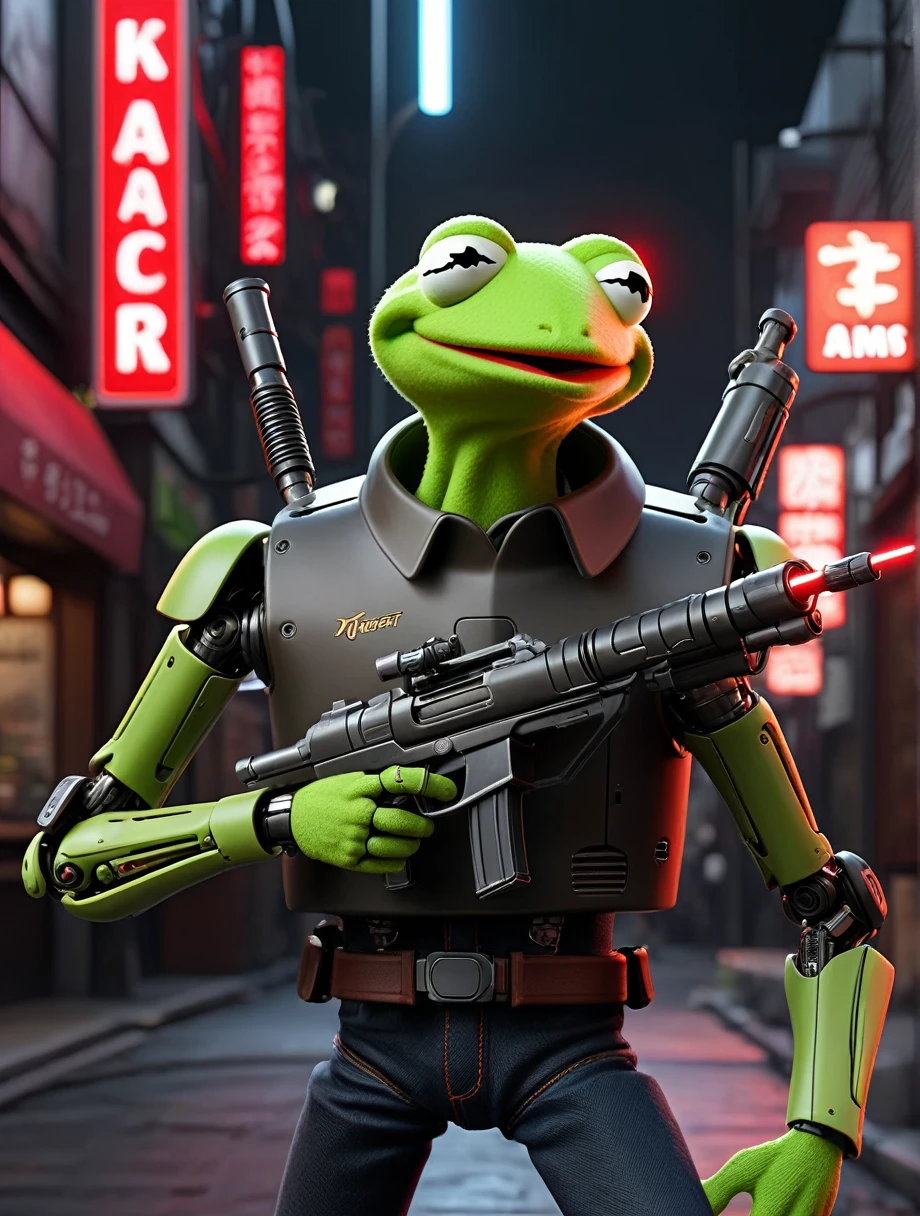 kermit the frog muppet, ultrawide shot, (dark ramen shop:1.9), neon cyberpunk city, (mecha arms:1.8), (holding a laser rifle:1.9), (mecha legs:1.9), (red detective:1.7), (black jeans:1.5), neon city, ultra realistic, 4K, award winning,