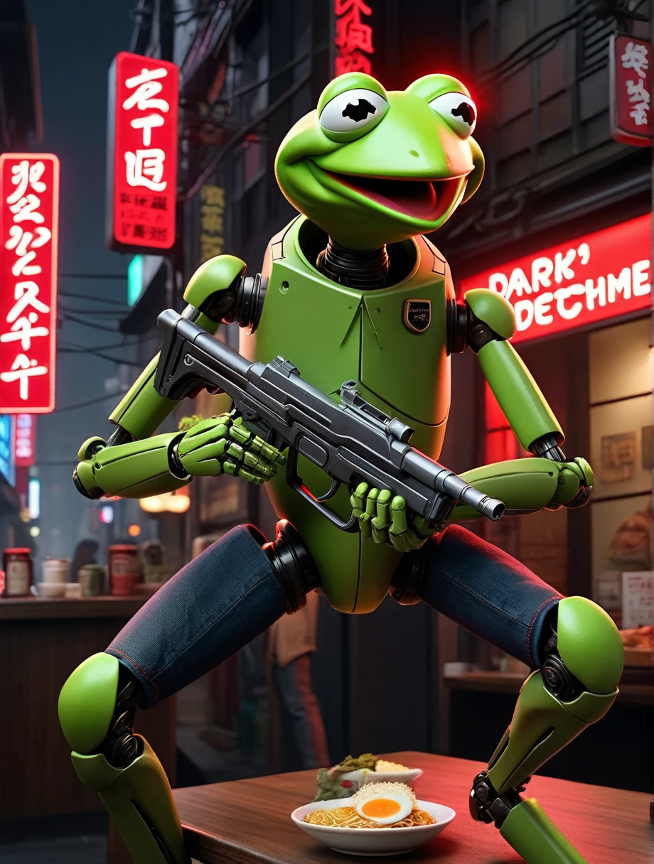 kermit the frog muppet, ultrawide shot, (dark ramen shop:1.9), neon cyberpunk city, (mecha arms:1.8), (holding a laser rifle:1.9), (mecha legs:1.9), (red detective:1.7), (black jeans:1.5), neon city, ultra realistic, 4K, award winning,