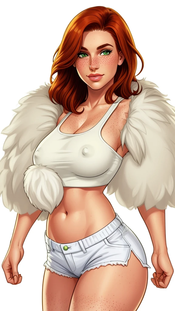 Lacy Lemon, pretty woman, ginger hair, midriff, white cloth hotpants,tank top, fur stole short shorts, fur wrap over shoulders, freckles, large breasts, covered nipples, rubenesque,
green eyes,
white background, blank background,