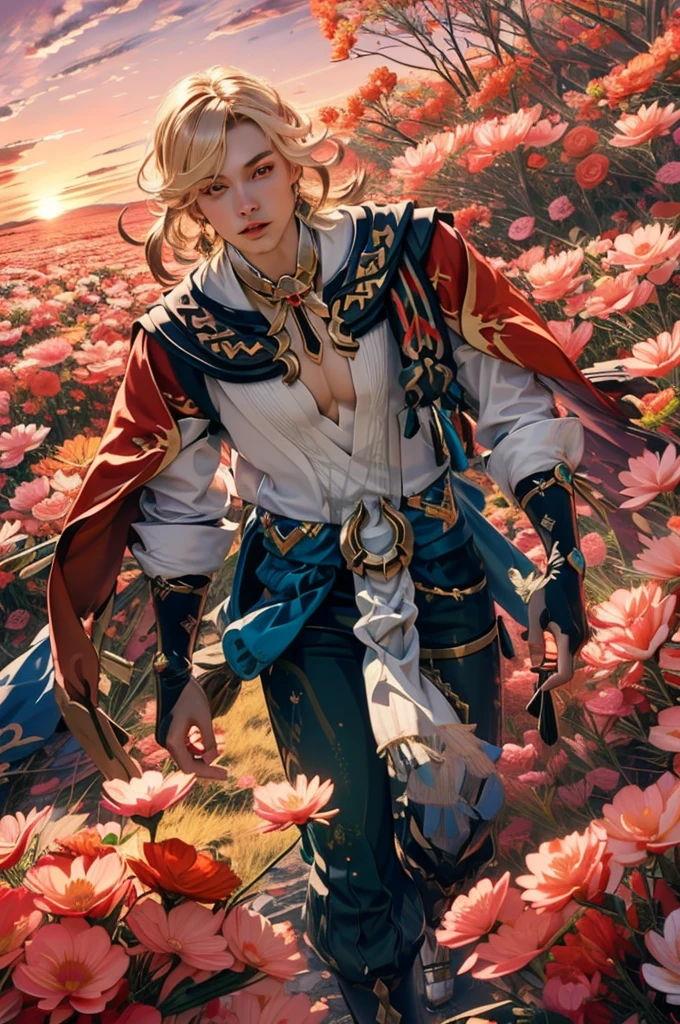 1 adult male solo, blond hair, red eyes, kaveh genshin impact, white top, red and black embroidered details, golden accessories, dark pants, fingerless gloves, feather hair ornament, shiny eyes (masterpiece),((top-quality)),(offcial art),(Beautiful and indulgent:1.2),(1manin:1.3),Detailed drawing。Vibrant colors。colourfull、highestdetailed ((ultra-detailliert)),(Highly detailed 2D illustrations),((Extremely delicate and beautiful))Super Detail,atmosphric perspective,dust particle, iridescent, glowing, surrounded by dark red lily flowers, (((walking on a flower field at sunrise, sunrise light many flowers around, soft clouds in the sky, dreamy soft light)))