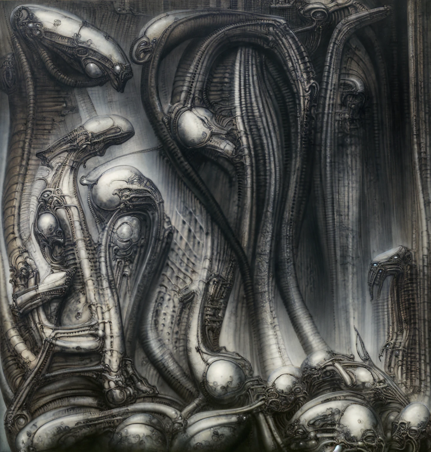 Giger_style, The image is a detailed view of H.R. Giger's \" Landscape XVI \" plate, featuring a complex network of bones and organs in a purple-brown hue ,swirling gray and brown colors. The artwork is silver and purplish brown, with an ivory bones prominently displayed. The image is highly detailed and intricate, almost like a 3d version of a medical sketch.
The piece is a tableau, Giger_style, A painting of (biological style scenery), (neoplasticism:liminal void:0.1),a landscape under nebulous sky, dieselpunk biological living, colossal,mechano-organic, infestations over beomesurreal biomechanical landscape, , robotics cross sections, ((perspective)), h r giger's city,giger_style, by (hariton pushwagner:h.r. giger:0.6), detailed innards,(((cleen colors palette,saturated, silver crimson and gold, intoxicatingly blue and understand grey))), (process art:deconstructivism), allegory of sin,infinitely detailed ultrafine and contrast organic textures,big painting,, medium: airbrush, biomech, aerial view yoji shinkawa, award winning on artforum, (( high contrast)), trend on quality of details,colorized: vibrant colors, incredibly detailed and hyper-detailed, masterpiece