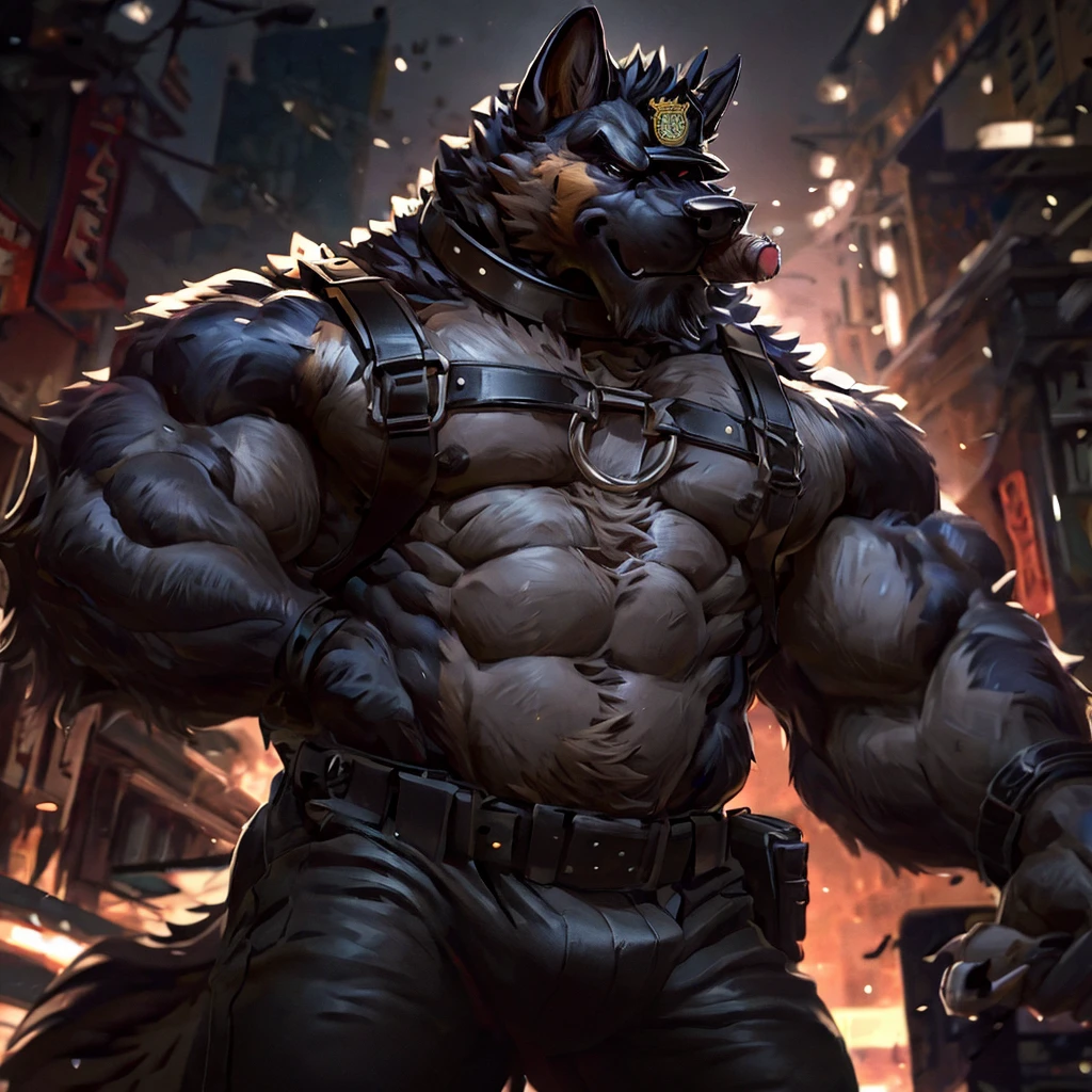 muscular male anthropomorphic german shepherd, black leather harness, police badge, daddy, black leather pants, black fur on body, tan fur on body, light light brown fur on body, cigar lit, black leather collar, sliver chain, extremely detailed, photo-realistic, cinematic lighting, dramatic shadows, powerful presence, rugged and intimidating, striking pose, intense gaze, chiseled features, rippling muscles, sleek and imposing, urban setting, gritty and industrial, moody color palette, dark and intense