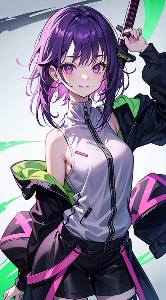 Top Quality, 8K, 4K, High Definition, Detail, (better-quality, 8K, 12), top-quality, 1 girl、only showing her face, she has purple hair, wearing a yellow pin on her right side of her hair, she has her hands together, she looking at you, she is smiling at you, medium breast, her jacket color dark gray with a pink zipper, pink eyes, showing her face and chesat, short hair long as her neck, (only showing half of her body) her jacket is loose. she is wearing earing only right ear shaped has a heart, (she holding katana) katana facing down, (katana is covering half of her face,) katana attach to her, katana on right side of her wrist, she mad, green ghost effect coming off, one white eye,
