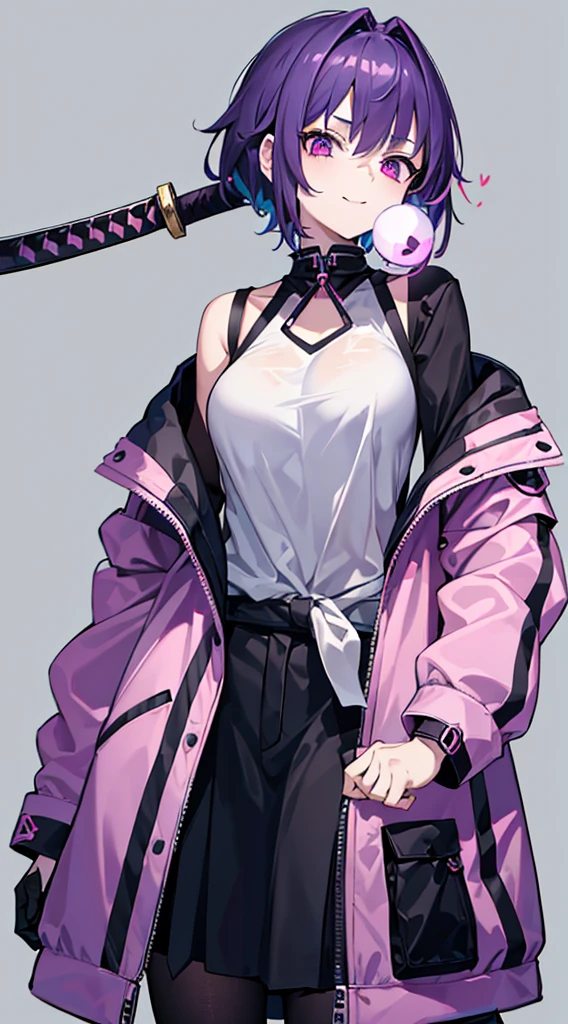 Top Quality, 8K, 4K, High Definition, Detail, (better-quality, 8K, 12), top-quality, 1 girl、only showing her face, she has purple hair, wearing a yellow pin on her right side of her hair, she has her hands together, she looking at you, she is smiling at you, medium breast, her jacket color dark gray with a pink zipper, pink eyes, showing her face and chesat, short hair long as her neck, (only showing half of her body) her jacket is loose. she is wearing earing only right ear shaped has a heart, (she holding katana) katana facing down, (katana is covering half of her face,) katana attach to her, katana on right side of her wrist, she mad, green ghost effect coming off, one white eye,
