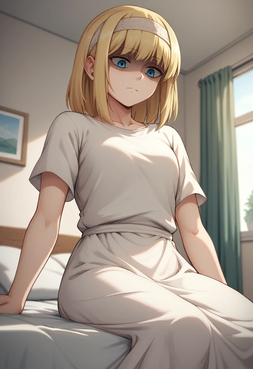 score_9, score_8_up, score_7_up, ymir fritz,1girl, solo, hairband, blonde hair, bangs, blue eyes, medium hair,shaded face,white dress, short sleeves, room, bed, giantess, from bellow, looking down