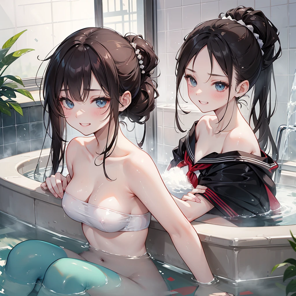 ((kinky students putting their hair up)), taking a bath,kinky grin,
