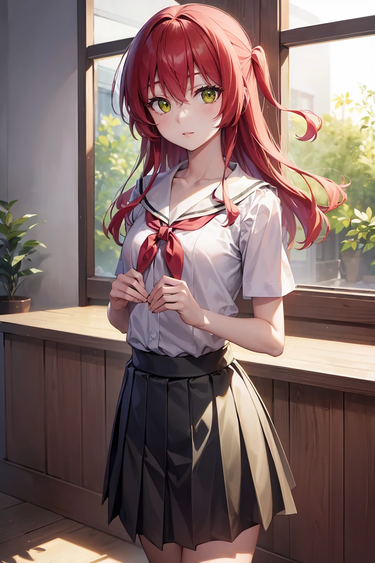 Kitaikuyo, Ikuyo Kita, (Green Eyes:1.5), Hair between the eyes, Long Hair, One side up, Redhead, (Flat Chest:1.2), break black footwear, black skirt, grey Sailor collar, pleated skirt, Sailor collar, , shoes, Short sleeve, Tall plants , skirt,, break looking at viewer, break indoors, classroom, break (masterpiece:1.2), Highest quality, High resolution, unity 8k wallpaper, (figure:0.8), (Beautiful attention to detail:1.6), Highly detailed face, Perfect lighting, Highly detailed CG, (Perfect hands, Perfect Anatomy),On the chest.Big Breasts.