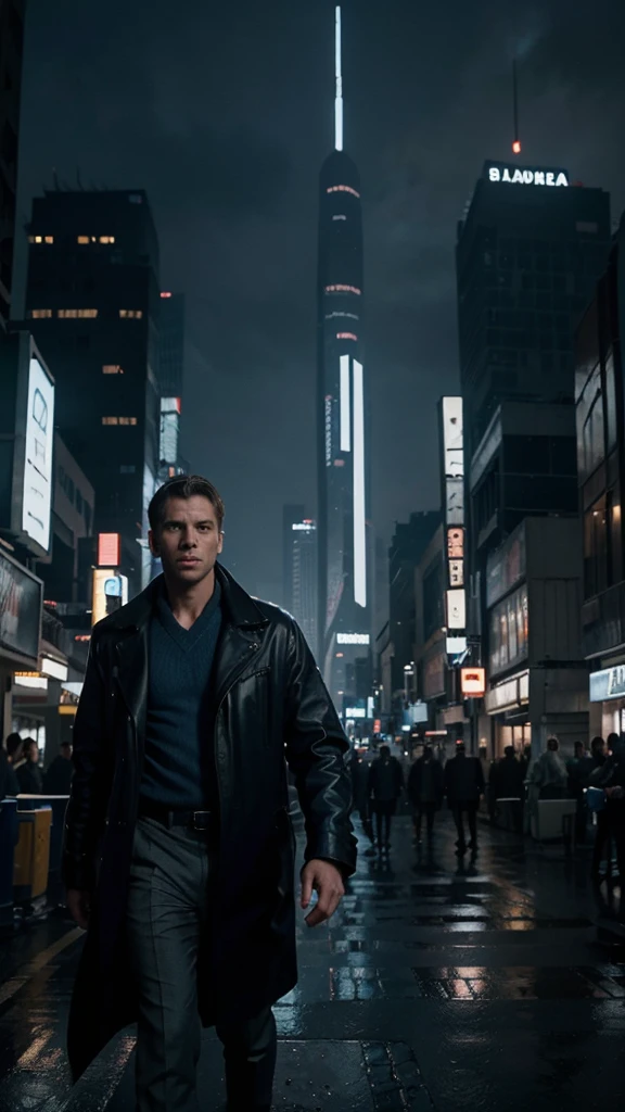 a prestigious stock brokerage firm offered micheal an unpaid internship, 4k realistic imagery, blue scenery like a movie scene, old american setting, inspired by blade runner movie scene, blue tone,