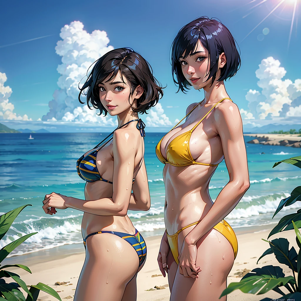 ((highest quality, masterpiece, High resolution)), ((reality)),Photos of beautiful Japanese women,((anime art))、 (((1 girl))), normal size breasts, slim body shape, medium short hair, double eyelid, Wet see-through micro bikini, A pareo with bold ethnic patterns and plenty of primary colors、realistic skin、Wet,whole body,cinematic light、tropical、Against the background of palm trees on both sides、on a sunny beach、With the sea in the background、blur background、smile