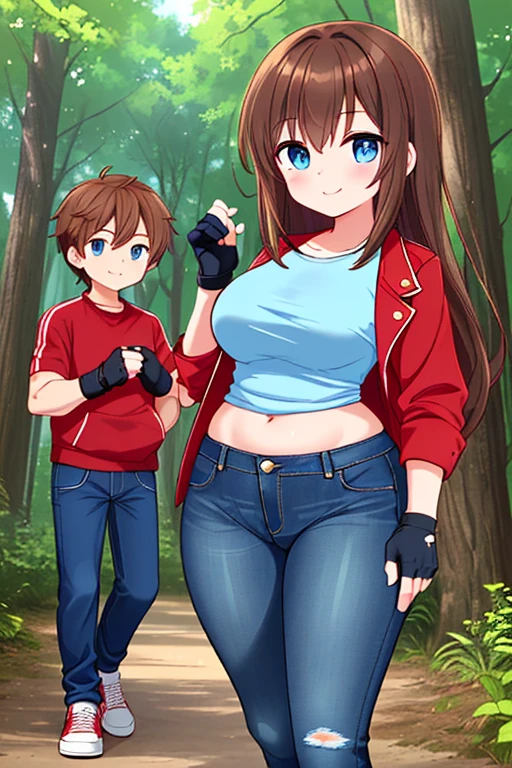 Pokemon Ace trainer, Monster girl quest, performance dress, red bow, white and red dress, white gloves, seductive evil grin, smug, blush, 1boy, (shota), 1girl, larger female, large female, side view, girl sitting on top, female on top, open field background, tight grip, ((handjob)), rubbing penis, glovejob, stroking penis, foreskin, retracted foreskin, cumming, pushed down, pinned down, looking at eachother, looking at boy, scared boy, fearful boy, (hand around penis), holding penis, squeezing penis, (large breasts)