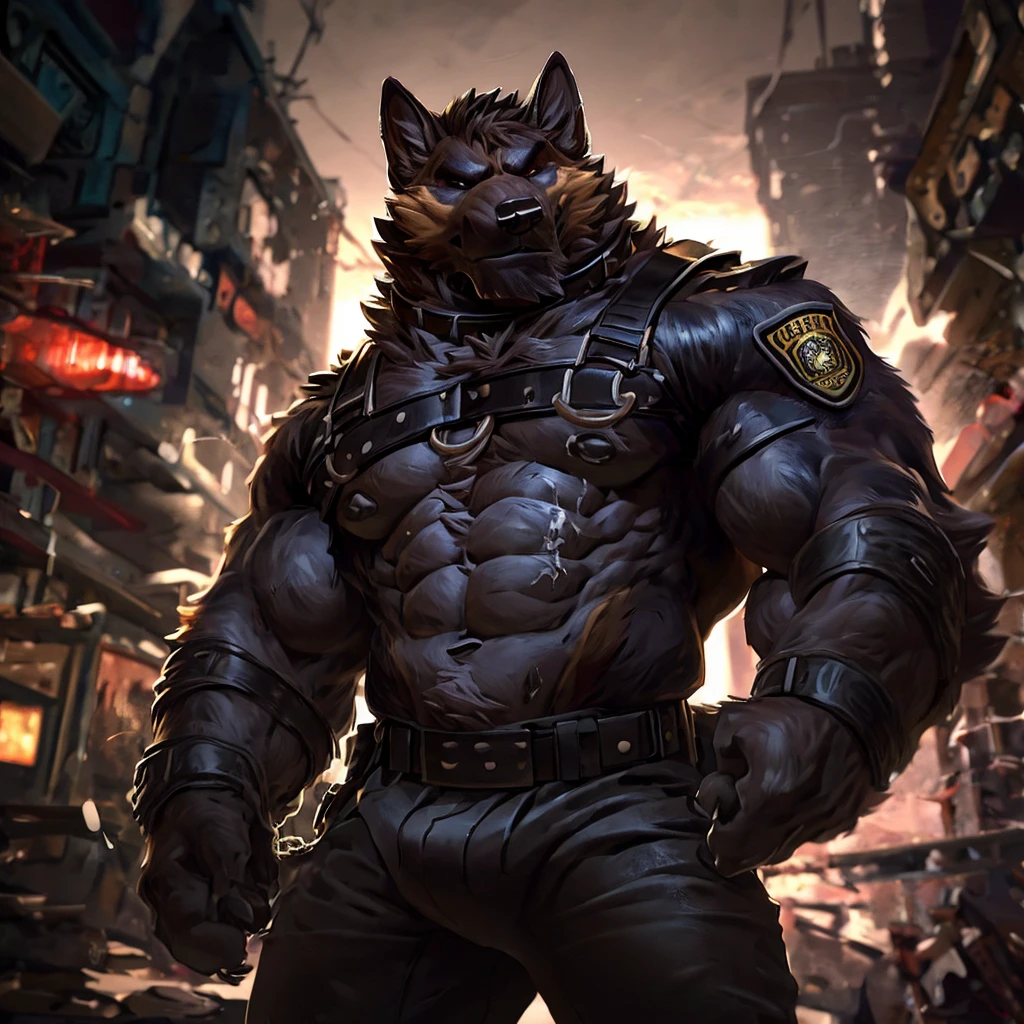 muscular male anthropomorphic german shepherd, black leather harness, police badge, daddy, black leather pants, black fur on body, tan fur on body, light light brown fur on body, cigar lit, black leather collar, sliver chain connected to a d-ring on collar, extremely detailed, photo-realistic, cinematic lighting, dramatic shadows, powerful presence, rugged and intimidating, striking pose, intense gaze, chiseled features, rippling muscles, sleek and imposing, urban setting, gritty and industrial, moody color palette, dark and intense