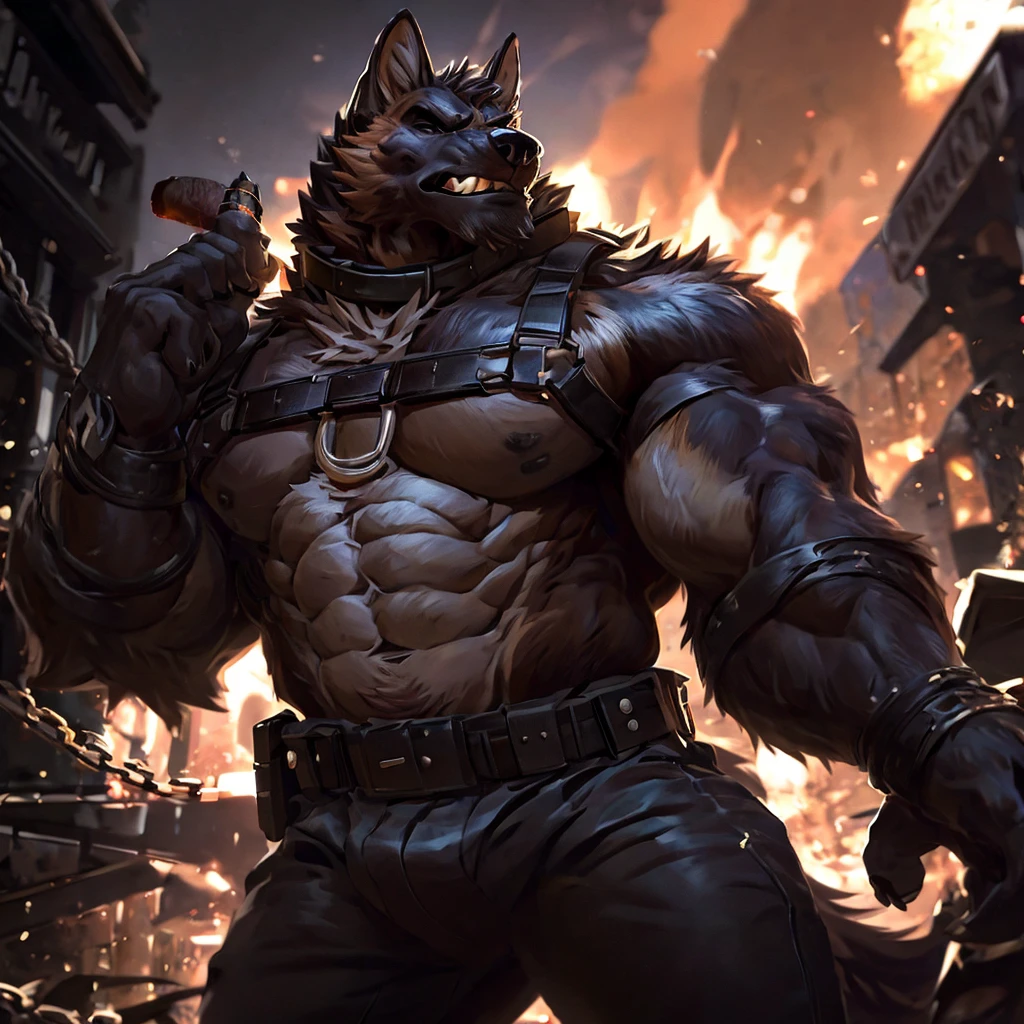 muscular male anthropomorphic german shepherd, black leather harness, police badge, daddy, black leather pants, black fur on body, tan fur on body, light light brown fur on body, cigar lit, black leather collar, sliver chain connected to a d-ring on collar, extremely detailed, photo-realistic, cinematic lighting, dramatic shadows, powerful presence, rugged and intimidating, striking pose, intense gaze, chiseled features, rippling muscles, sleek and imposing, urban setting, gritty and industrial, moody color palette, dark and intense