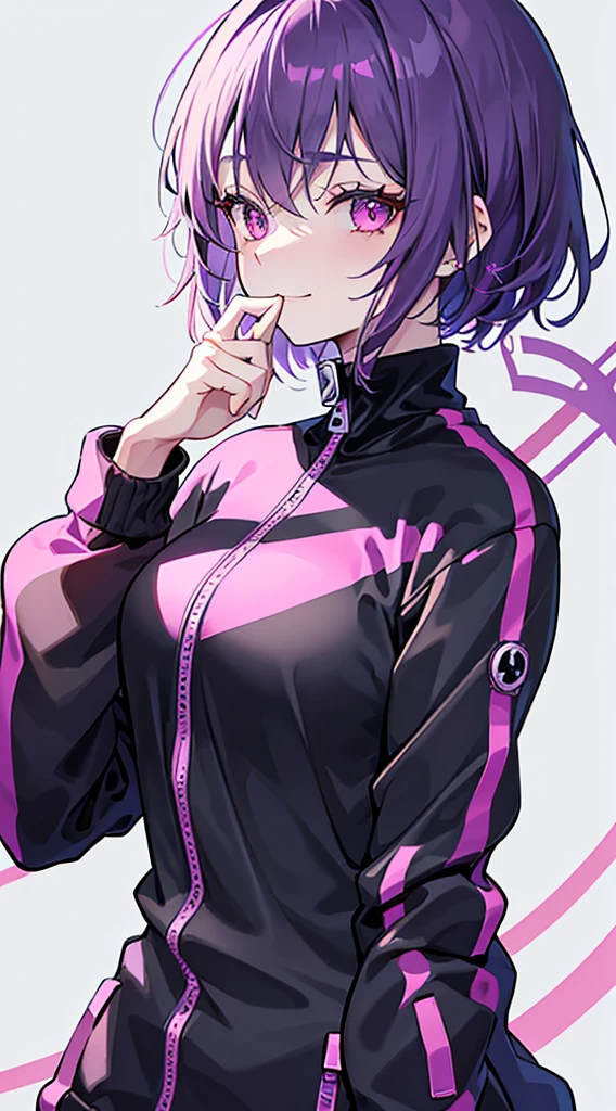 Top Quality, 8K, 4K, High Definition, Detail, (better-quality, 8K, 12), top-quality, 1 girl、only showing her face, she has purple hair, wearing a yellow pin on her right side of her hair, she has her hands together, she looking at you, she is smiling at you, medium breast, her jacket color dark gray with a pink zipper, pink eyes, showing her face and chesat, short hair long as her neck, (only showing half of her body) her jacket is loose. she is wearing earing only right ear shaped has a heart, (she holding katana) katana facing down, (katana is covering half of her face,) katana attach to her, katana on right side of her wrist, she mad, green ghost effect coming off, one white eye,