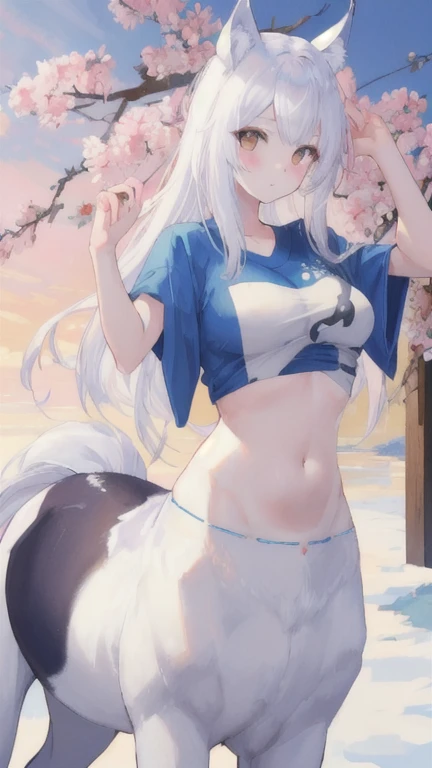 (best quality, masterpiece), 1 girl, centaur, It takes, White skin, Japanese  , exposing the abdomen,belly button t-shirt, beautiful girl perfect wolf photo, perfect wolf photo