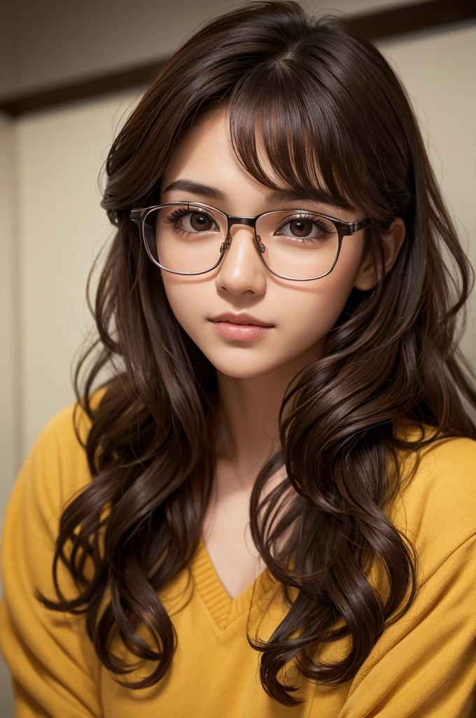 Funnily character,dark brown curly hair,Brown eyes,yellowish skin,With glasses