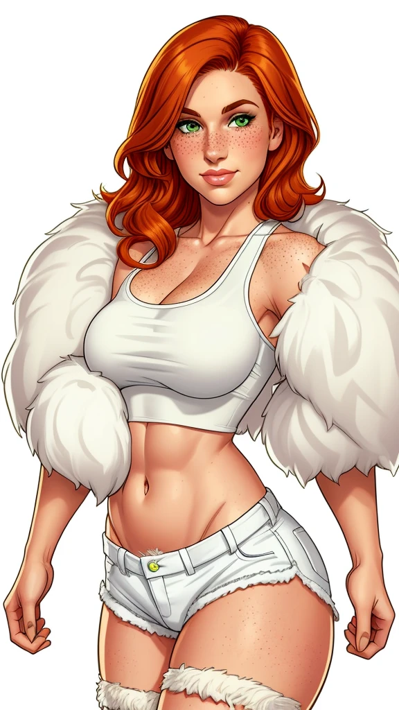 Lacy Lemon, pretty woman, ginger hair, midriff, white cloth hotpants,tank top, fur stole short shorts, fur wrap over shoulders, freckles, large breasts, rubenesque,
green eyes,
white background, blank background,