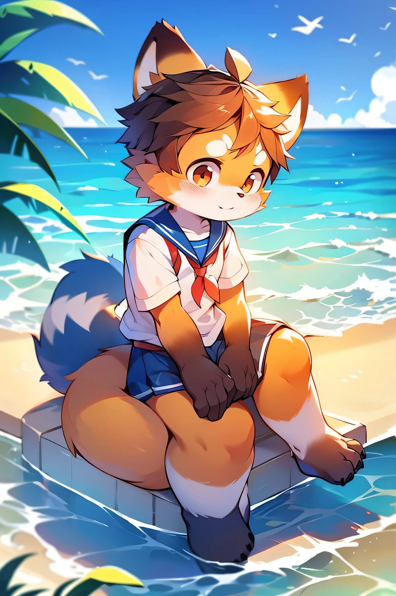 Male Red Panda, Ocean, Appeared wearing a sailor uniform! One in heat, Sitting,
