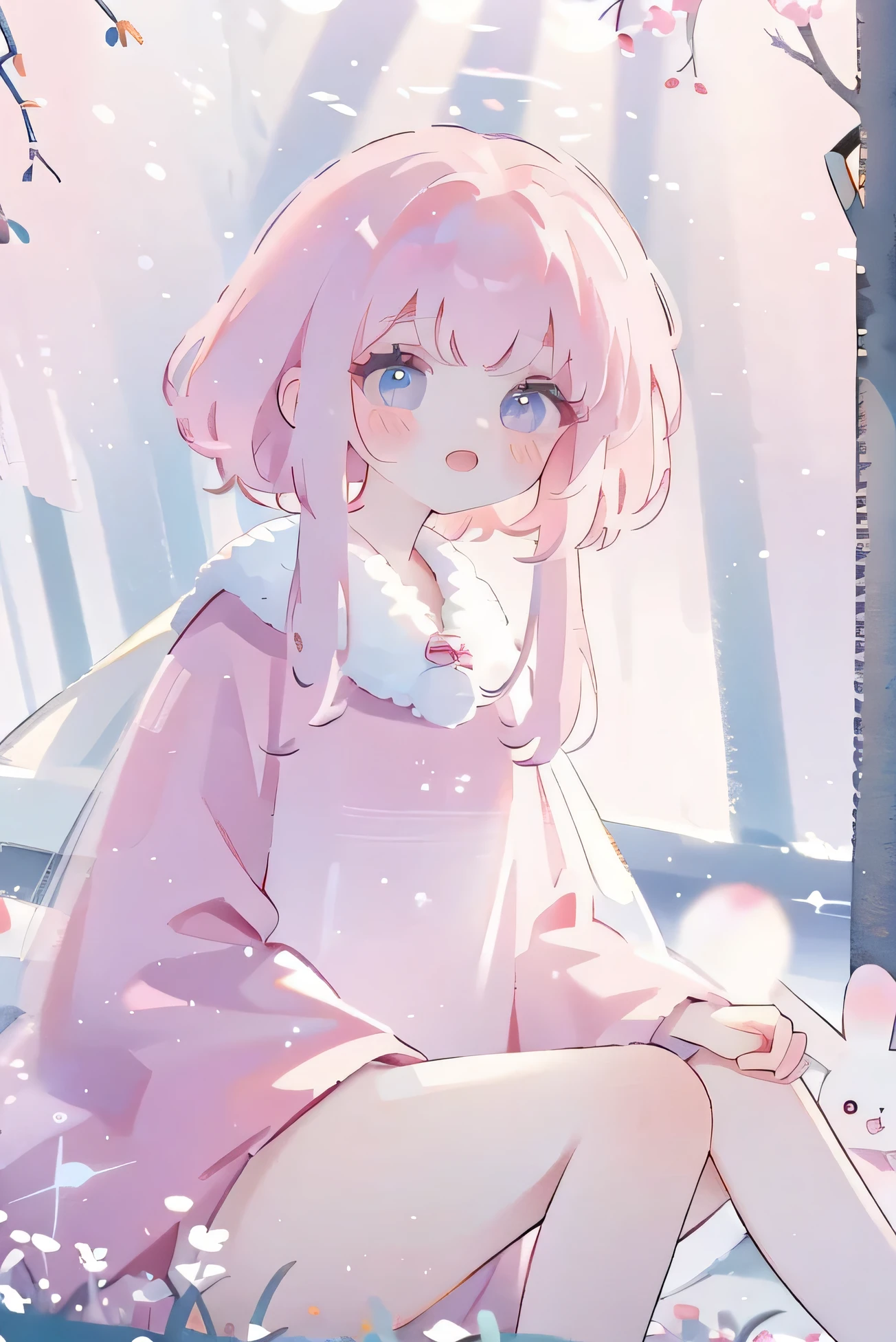 (high quality) (best quality) (a woman) (correct physiognomy) (perfect students) (perfect eyes) anime woman, deep pink long and fluffy hair pink, two rabbit ears coming out of her head, blue eyes, lips sensitive, feminine appearance, soft facial features, thin eyebrows, soft skin, rosy cheeks, pink lips, silky eyelashes, dreamy expression, middle age, youthful clothing, print sweatshirt, photo illuminated by sunlight, Woman sitting on forest.