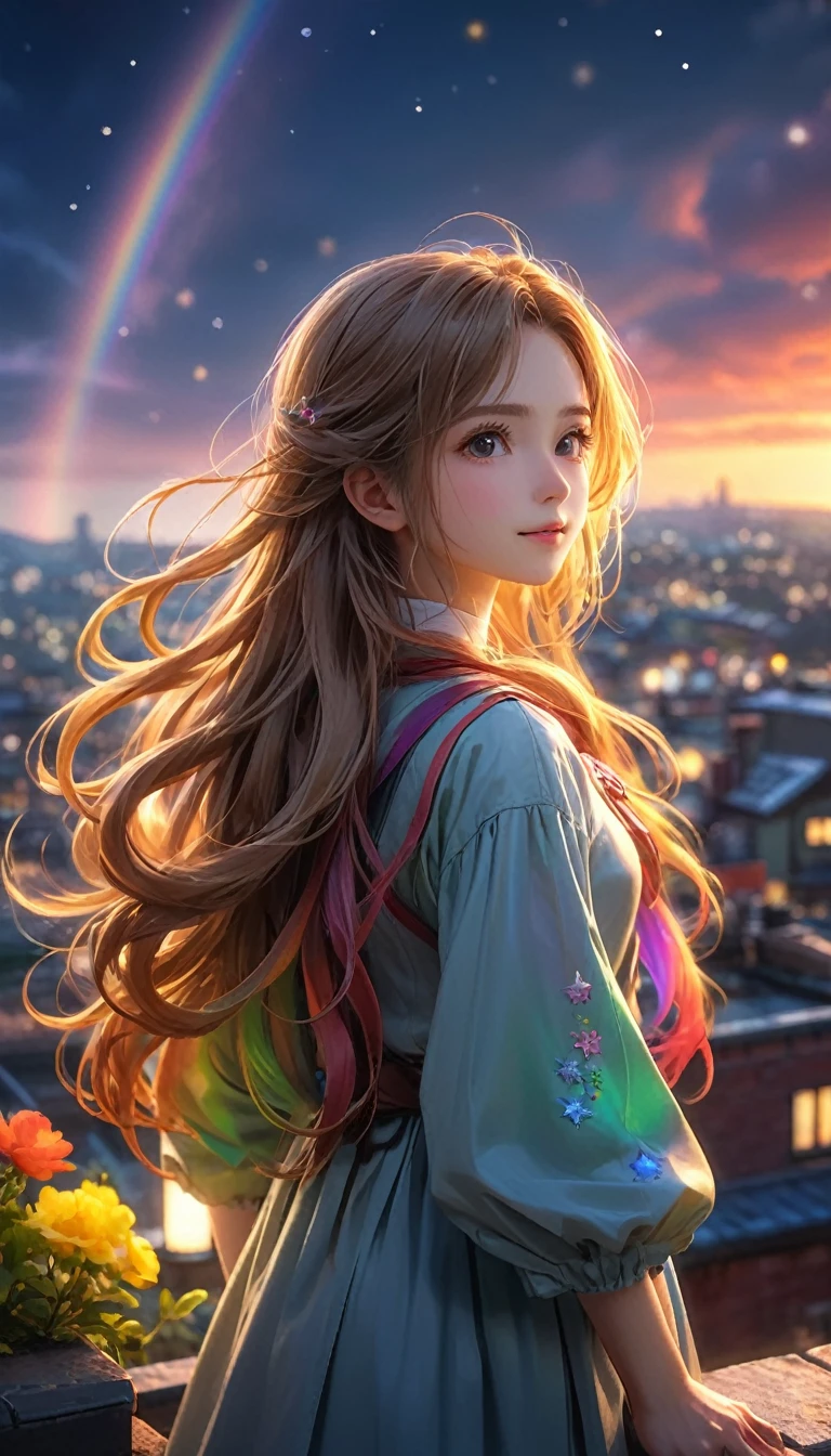 (best quality,4K,8K,highres,master part:1.2), ultra detali,, HDR, uhd, studio lighting, ultra-fine painting, sharp focus, Physically-based rendering, extreme detail description, proffesional, vivid colors, bokeh, portraits, アニメ, conceptual artists, stary night, rooftop, Rainbow, night sky,  long-haired, Standing, Anime Art Wallpaper 8K, Papel de parede アニメ 4K,(master part: 1.2), (best quality), 4K, ultra detaild, (dynamic compositing: 1.4), rich in detail and color, (rainbow color: 1.2), (Glow Up, Atmospheric Illumination), dreamy, magica, (standing alone: 1.2),