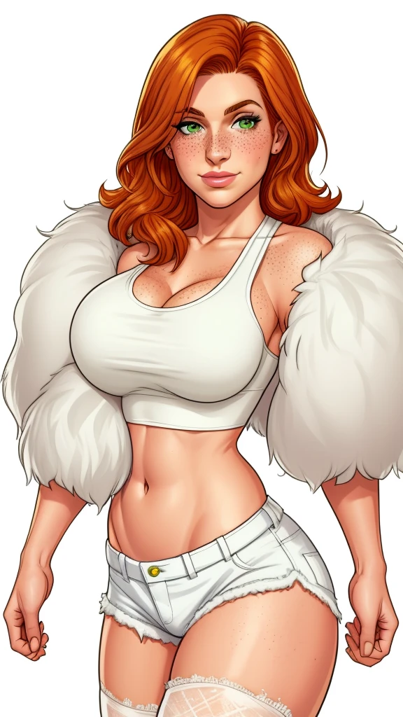 Lacy Lemon, pretty woman, ginger hair, midriff, white cloth hotpants,tank top, fur stole short shorts, fur wrap over shoulders, freckles, large breasts, rubenesque,
green eyes,
white background, blank background,