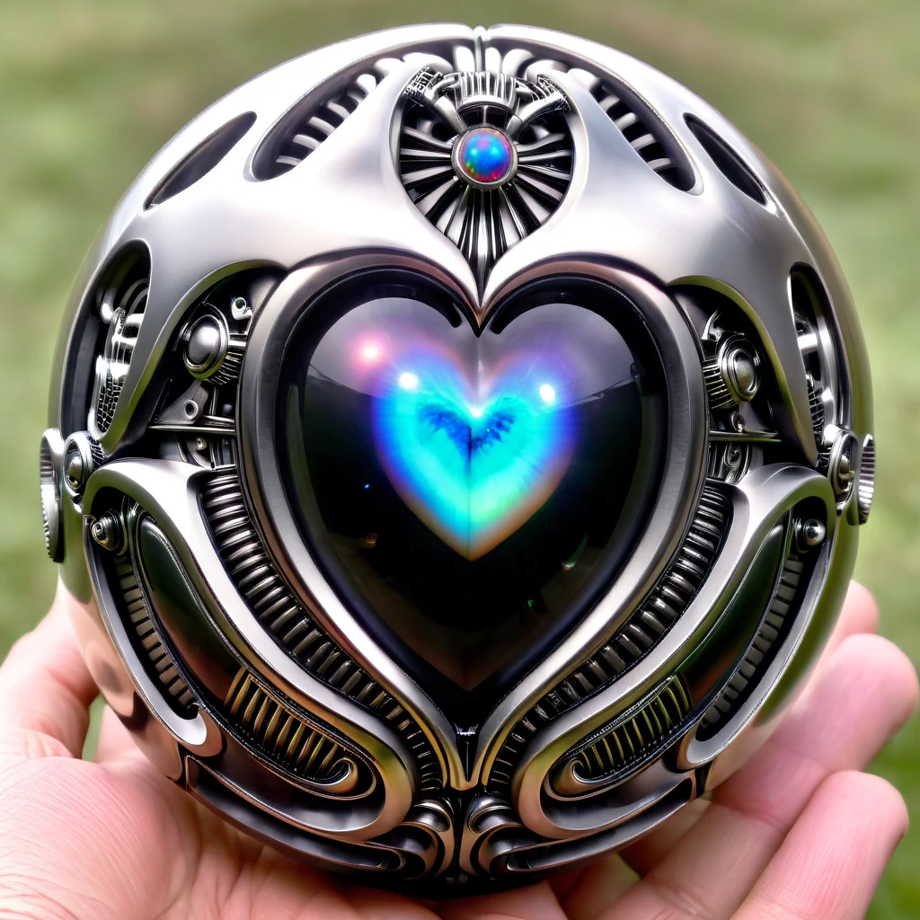 a pure black and opal mechanical orb, giger style, silvercarvingcd_xl , rainbow heart aura,