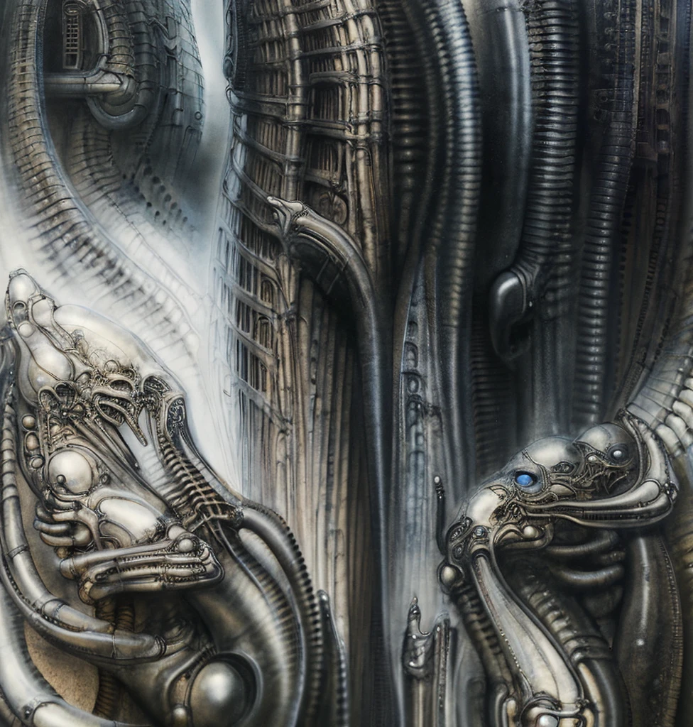 Giger_style, The image is a detailed view of H.R. Giger's \" Landscape XVI \" plate, featuring a complex network of bones and organs in a purple-brown hue ,swirling gray and brown colors. The artwork is silver and purplish brown, with an ivory bones prominently displayed. The image is highly detailed and intricate, almost like a 3d version of a medical sketch.
The piece is a tableau, Giger_style, A painting of (biological style scenery), (neoplasticism:liminal void:0.1),a landscape under nebulous sky, dieselpunk biological living, colossal,mechano-organic, infestations over beomesurreal biomechanical landscape, , robotics cross sections, ((perspective)), h r giger's city,giger_style, by (hariton pushwagner:h.r. giger:0.6), detailed innards,(((cleen colors palette,saturated, silver crimson and gold, intoxicatingly blue and understand grey))), (process art:deconstructivism), allegory of sin,infinitely detailed ultrafine and contrast organic textures,big painting,, medium: airbrush, biomech, aerial view yoji shinkawa, award winning on artforum, (( high contrast)), trend on quality of details,colorized: vibrant  colors, incredibly detailed and hyper-detailed, masterpiece