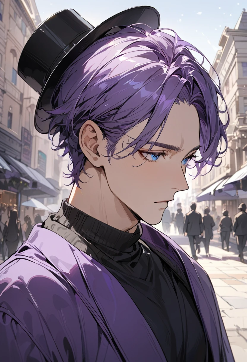 Highly detailed, High quality, Masterpiece, (long, long shot), 1 man, (purple hair, blue eyes, short hair, purple robe, sweater, wide black pants, black top hat, medium musculature, detailed. background, walking in the square), portrait