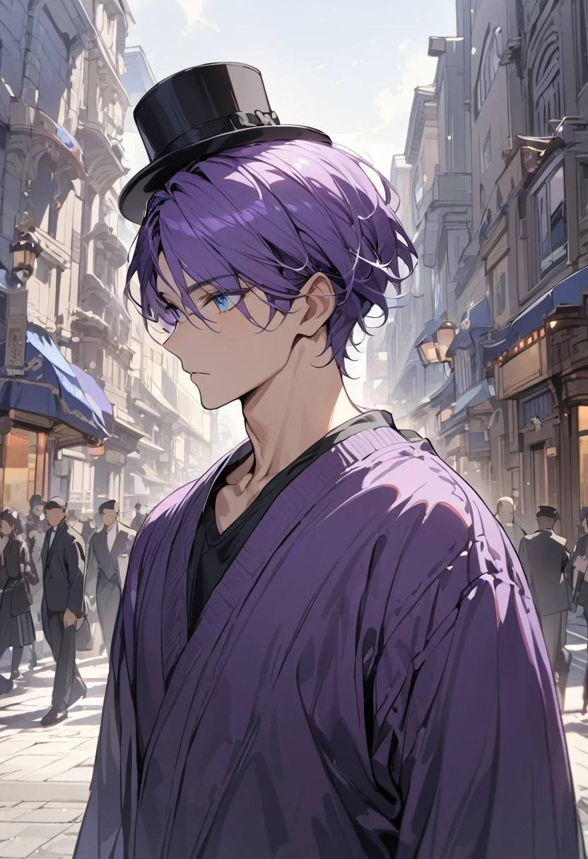 Highly detailed, High quality, Masterpiece, (long, long shot), 1 man, (purple hair, blue eyes, short hair, purple robe, sweater, wide black pants, black top hat, medium musculature, detailed. background, walking in the square), portrait