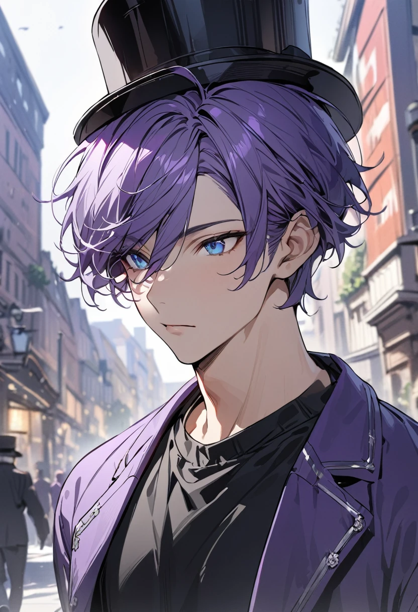 Highly detailed, High quality, Masterpiece, (long, long shot), 1 man, (purple hair, blue eyes, short hair, purple robe, sweater, wide black pants, black top hat, medium musculature, detailed. background, walking in the square), portrait