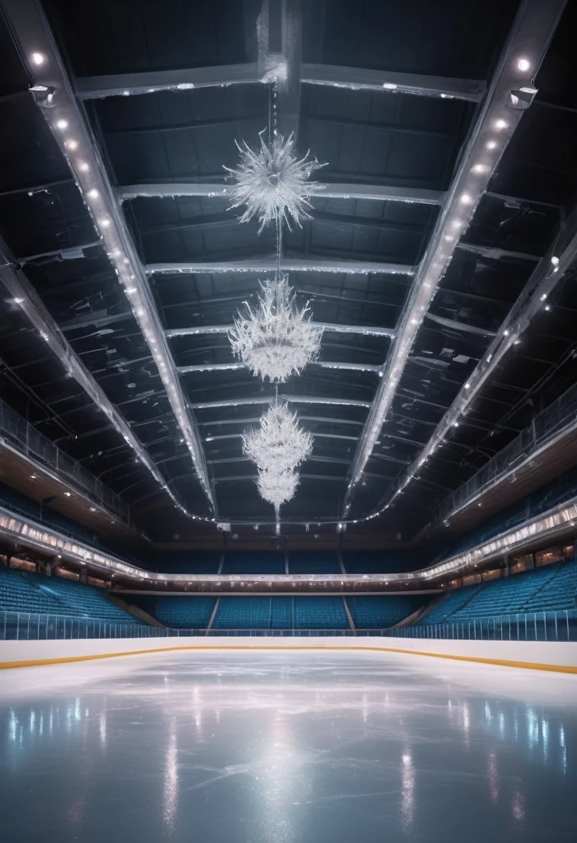 Imagine a romantic late night date at an indoor ice rink. The ice sparkles under the soft light of the spotlights, creating a magical atmosphere. There is no one in the stands, only the quiet rustle of skates on the surface of the ice breaks the surrounding silence. The stands are empty. The hall is completely empty. There are no people. Half-dark atmosphere. Illustration. Drawing. Painting. Art.