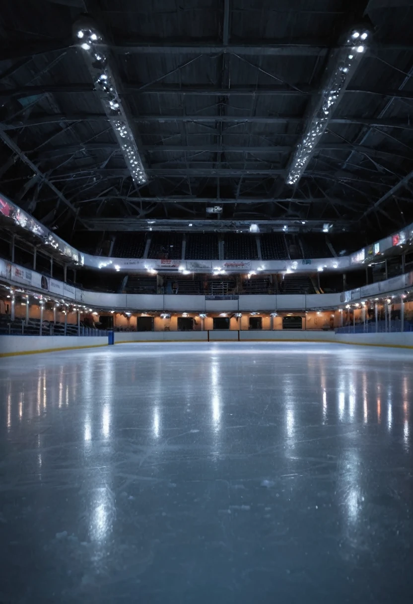 Imagine a romantic late night date at an indoor ice rink. The ice sparkles under the soft light of the spotlights, creating a magical atmosphere. There is no one in the stands, only the quiet rustle of skates on the surface of the ice breaks the surrounding silence. The stands are empty. The hall is completely empty. There are no people. Half-dark atmosphere. Illustration. Drawing. Painting. Art.