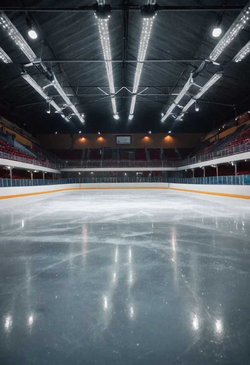 Imagine a romantic late night date at an indoor ice rink. The ice sparkles under the soft light of the spotlights, creating a magical atmosphere. There is no one in the stands, only the quiet rustle of skates on the surface of the ice breaks the surrounding silence. The stands are empty. The hall is completely empty. There are no people. Half-dark atmosphere. Illustration. Drawing. Painting. Art.