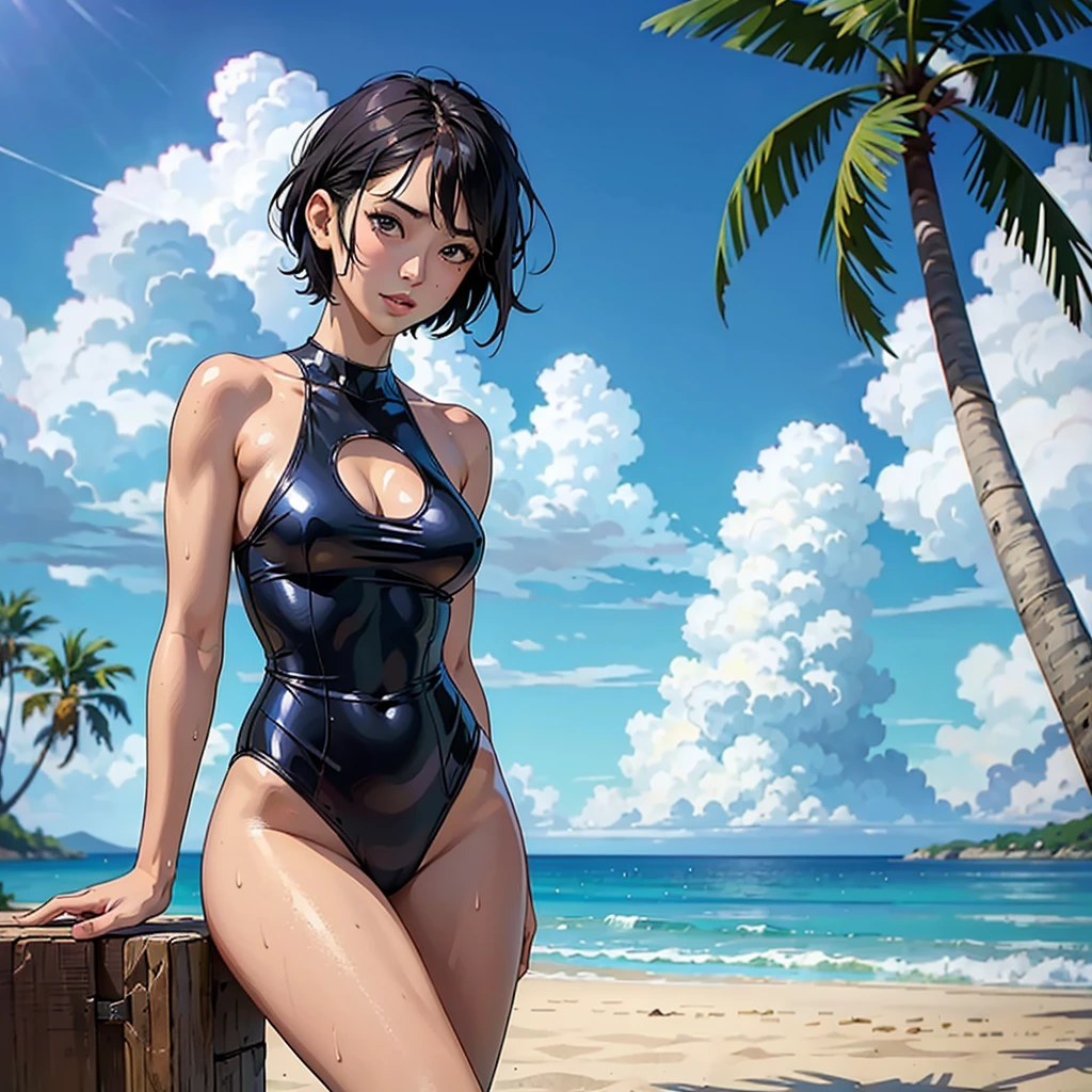 ((highest quality, masterpiece, High resolution)), ((reality)),Photos of beautiful Japanese women,((anime art))、 (((1 girl))), normal size breasts, slim body shape, medium short hair, double eyelid, Wet see-through one-piece swimsuit,, A pareo with bold ethnic patterns and plenty of primary colors、realistic skin、Wet,whole body,cinematic light、tropical、Against the background of palm trees on both sides、on a sunny beach、With the sea in the background、blur background、Clean abs,