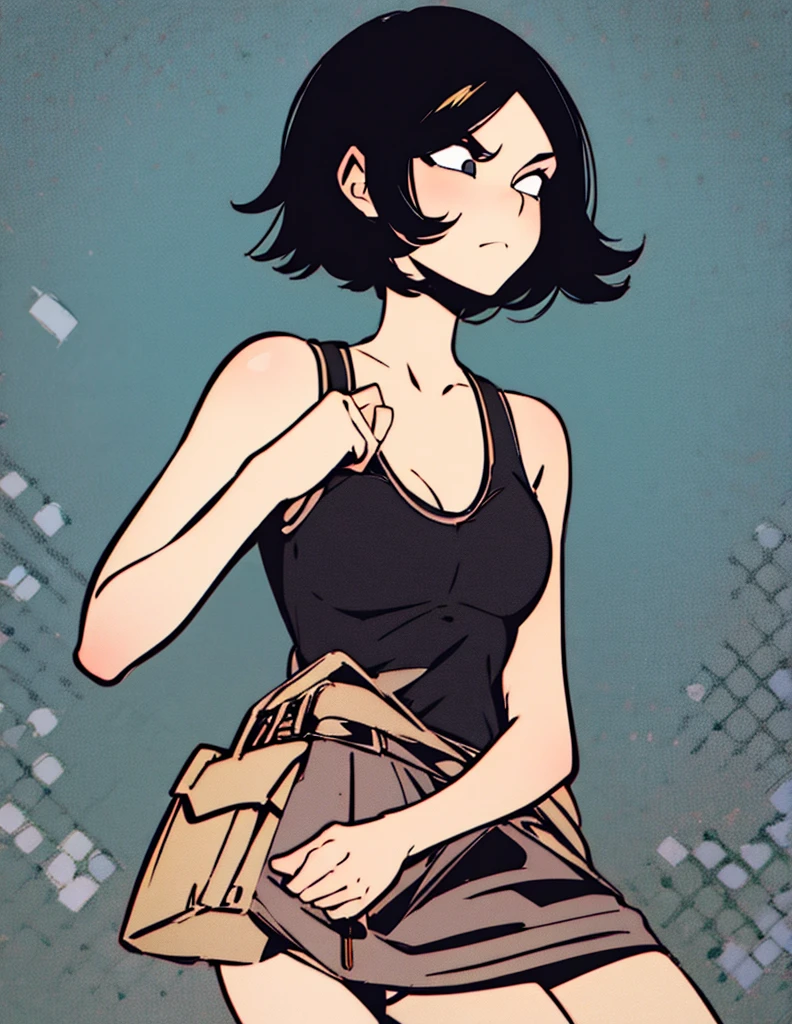 short bob, solo woman, black hair, black eyes, slant eyes, round face, full body, , bad mood