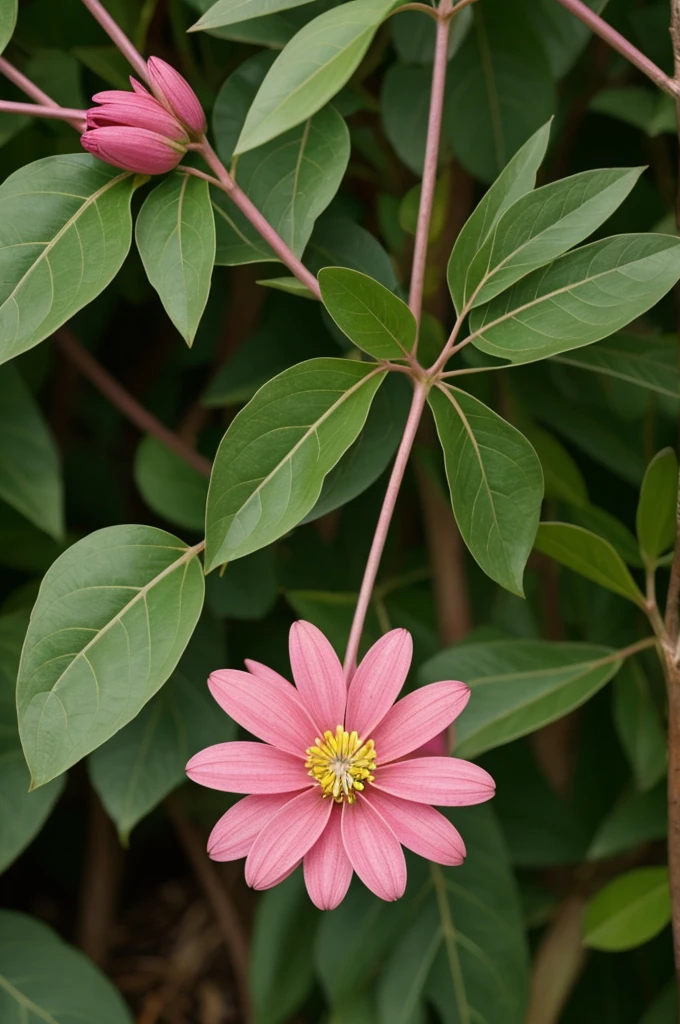 Pink flower with brown stem and green leaf