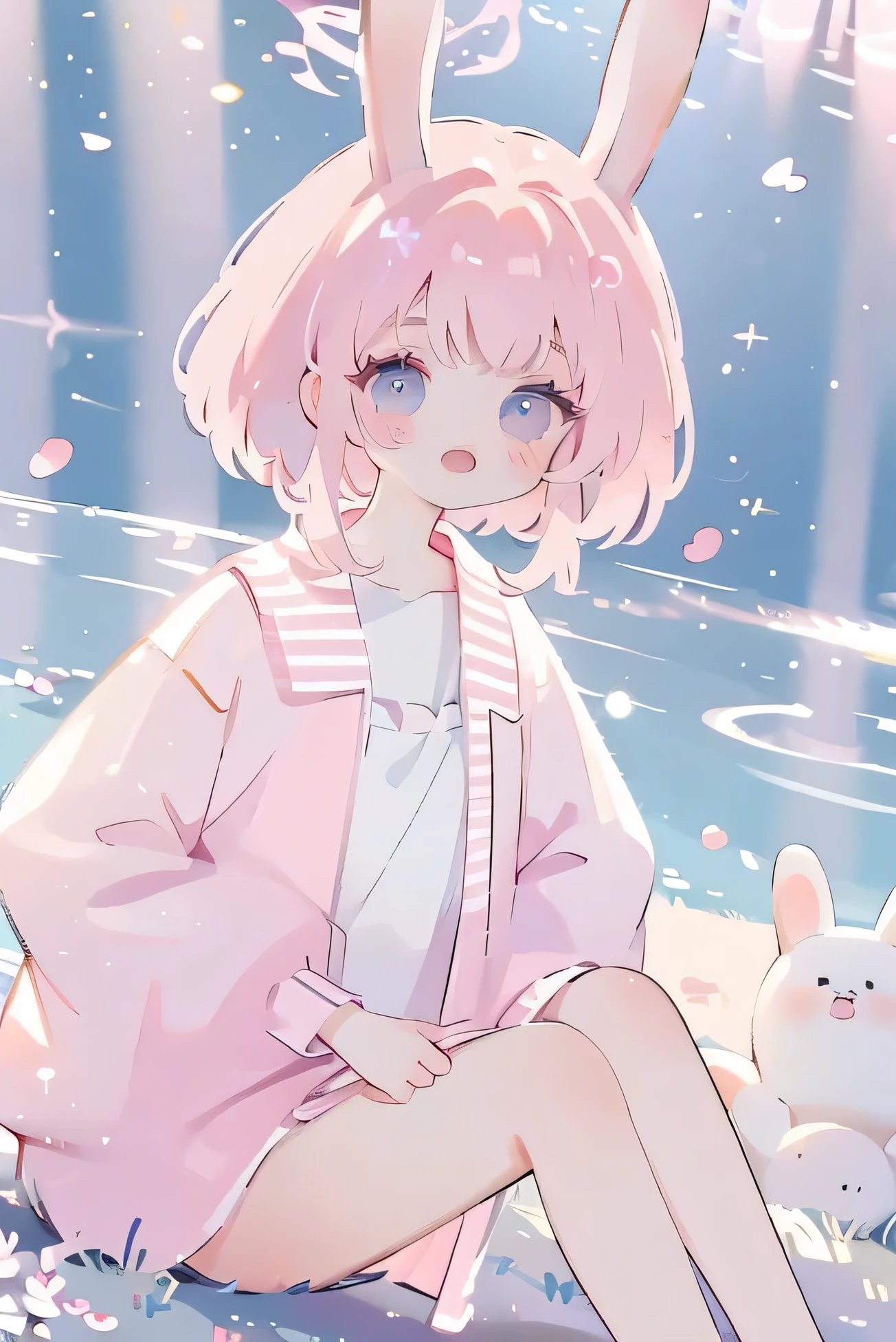 (high quality) (best quality) (a woman) (correct physiognomy) (perfect students) (perfect eyes) anime woman ears bunny in his head, deep pink long and fluffy hair pink, two rabbit ears coming out of her head, blue eyes, lips sensitive, feminine appearance, soft facial features, thin eyebrows, soft skin, rosy cheeks, pink lips, silky eyelashes, dreamy expression, middle age, youthful clothing, print sweatshirt, photo illuminated by sunlight, Woman sitting on forest.
