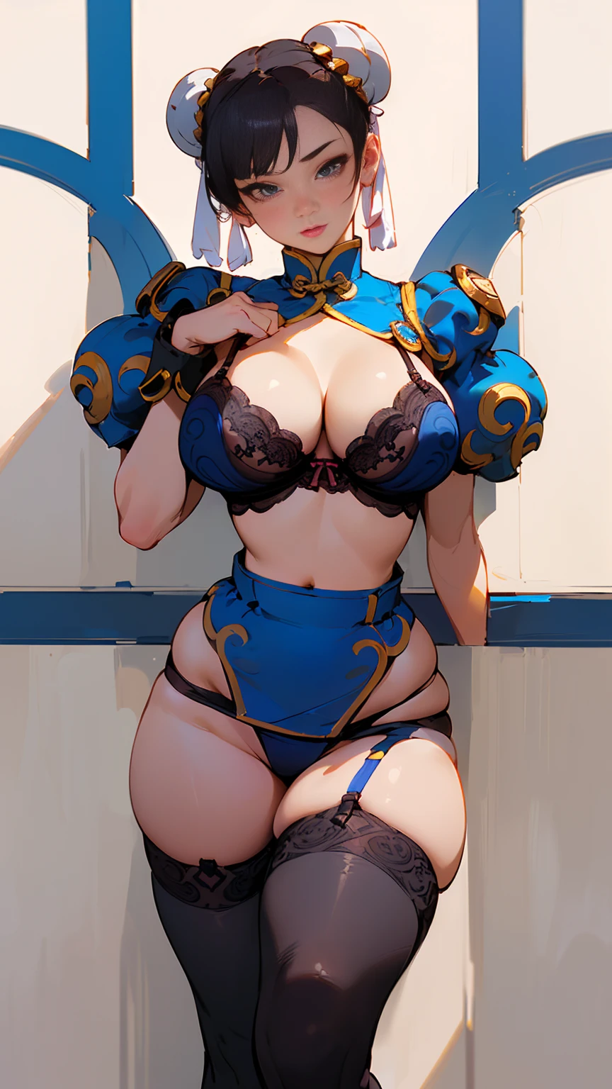  a woman ((beautiful, 21s,chun-li, voluptuous, big breasts,  detailed eyes, sexy girl)),  ((chinese blue lingerie ( bra, panties,  garterbelt  with  stockings  7/8)))