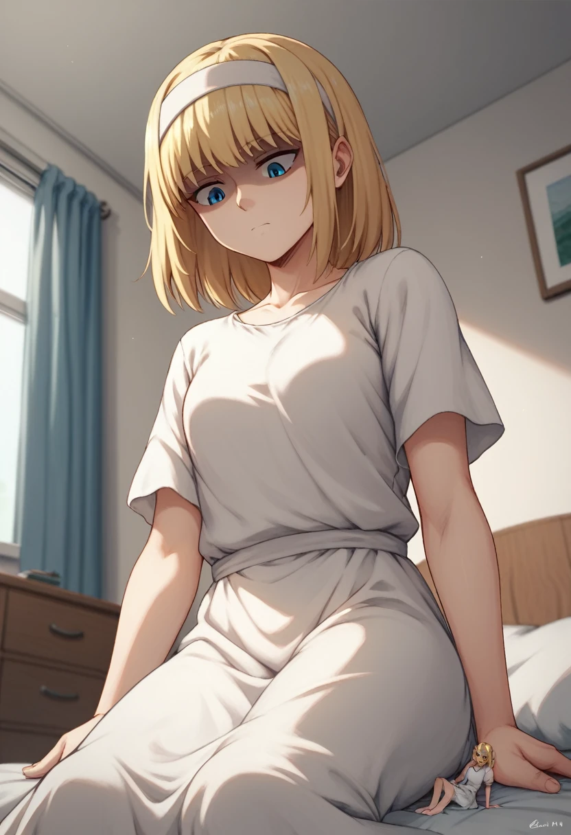 score_9, score_8_up, score_7_up, ymir fritz,1girl, solo, hairband, blonde hair, bangs, blue eyes, medium hair,shaded face,white dress, short sleeves, room, bed, giantess, from bellow, looking down
