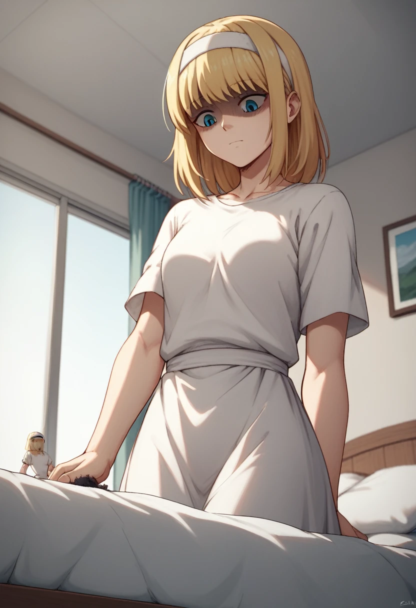 score_9, score_8_up, score_7_up, ymir fritz,1girl, solo, hairband, blonde hair, bangs, blue eyes, medium hair,shaded face,white dress, short sleeves, room, bed, giantess, from bellow, looking down
